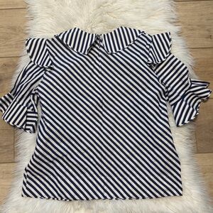 Striped Navy and White Ruffle Sleeve Blouse